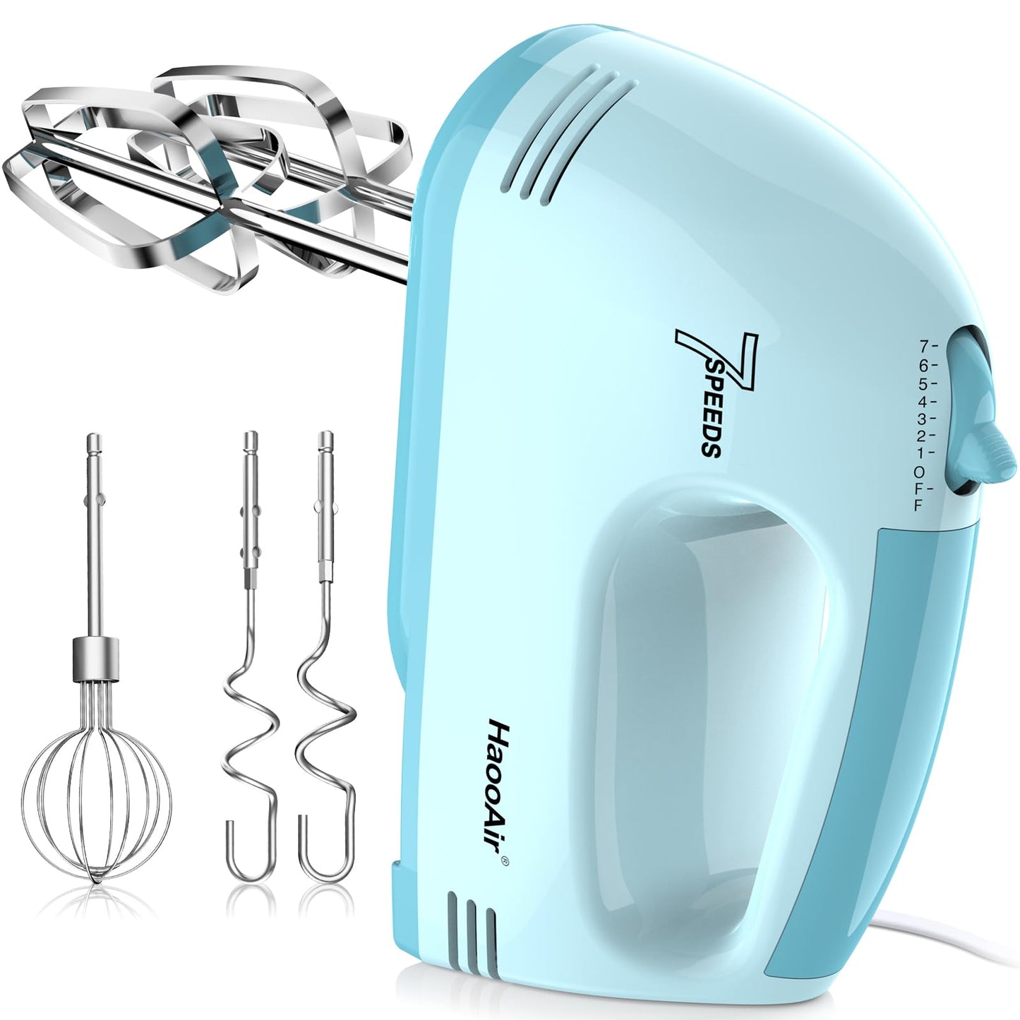 HaooAir Electric Handheld Mixer, 7-Speed Adjustable Kitchen Mixer, 5 Stainless Steel Accessories (2 * Dough Hooks, 2 * Beaters, 1 * Whisk), Perfect for Kitchen and Baking Food Mixers, Blue