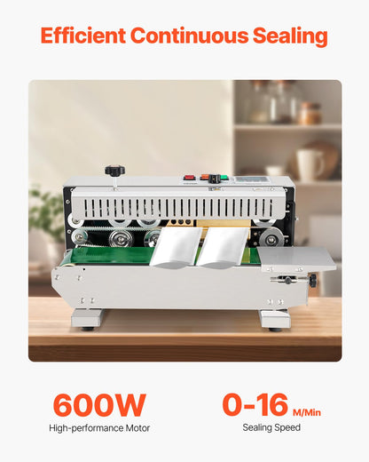 VEVOR Continuous Bag Band Sealing Machine, 0.24-0.47 in/6-12 mm Seal Width, Horizontal Band Sealer Machine with Digital Temperature Control Stainless Steel Bag Sealer for 0.02-0.8 mm Plastic Bag Film