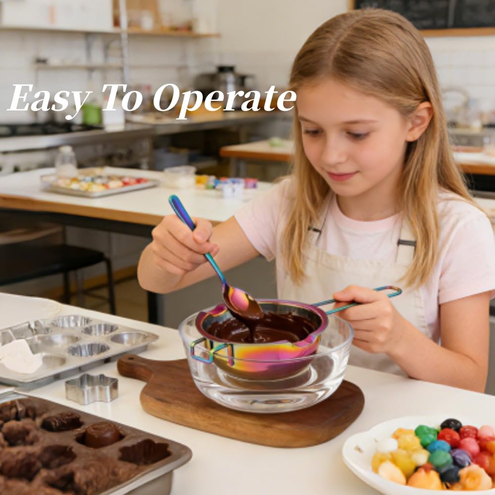 BISDARUN Double Boiler Melting pot with Spoon Set, 400ml Stainless Steel with Handle, Candle Making Potpourri for Melting Chocolate, Candy, Candles, Soap (Rainbow Color)