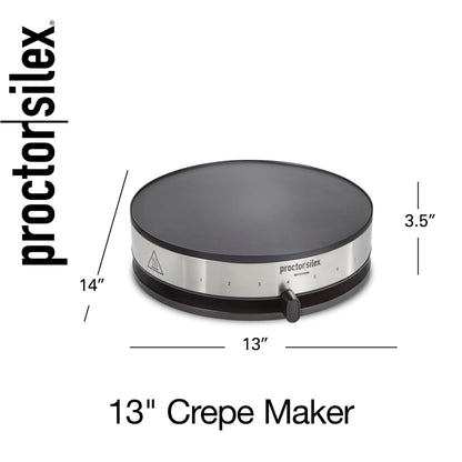 Proctor Silex Electric Crepe Maker with 13” PFAS-Free Nonstick Griddle for Eggs, Pancakes, Omelets and Quesadillas, with Temperature Control, Spatula, Spreader, Batter Cup, Stainless Steel (38400MN)