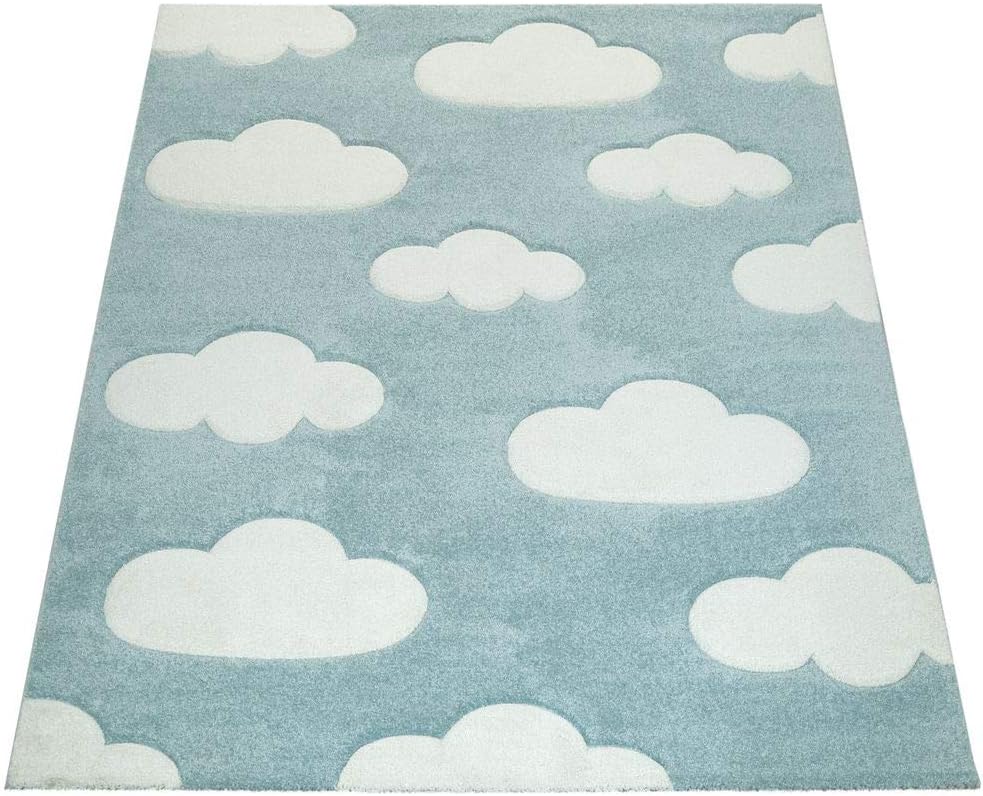 2'8" 4'11" Paco Home Modern Kids Rug with Clouds in Blue Pastel for Nursery, Size: x