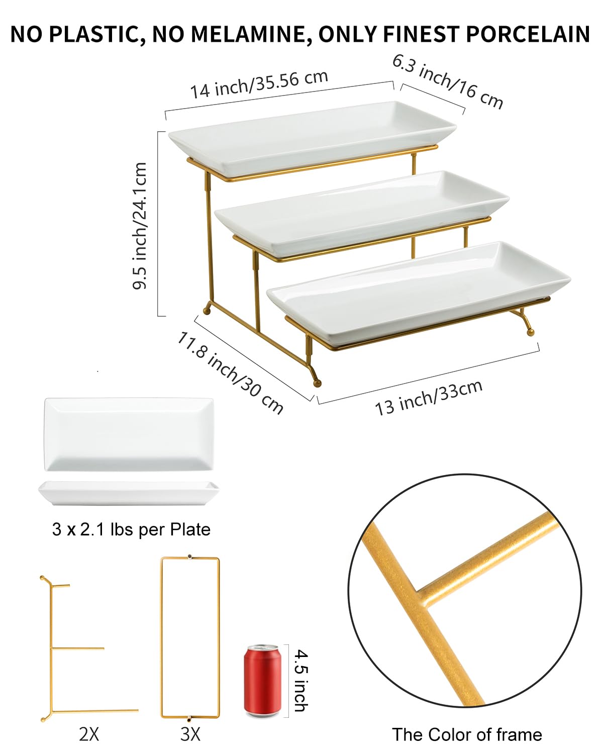 LAUCHUH Large 3 Tier Serving Stand Tiered Serving Trays with Collapsible Sturdier Rack Porcelain Serving Trays and Platters for Fruit Dessert Presentation Mother's Day Party Display Set, 14 Inch