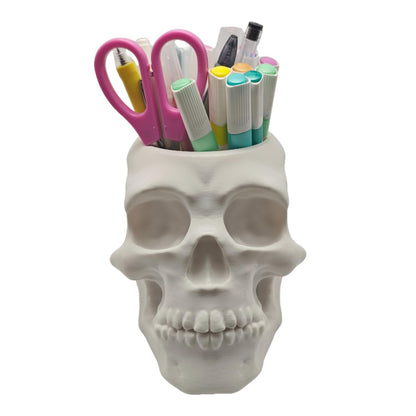 3D Printed Skull Pen Pencil Holder, Makeup Brush Holder, Vanty Desk Office Organzer Goth Decorations Gothic Skulls & Bones Large Capacity Organizer (White)