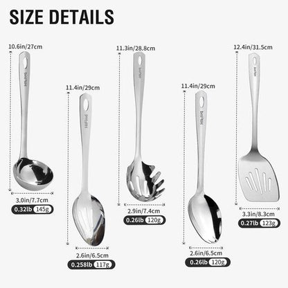HIFIND Stainless Steel Cooking Utensils Set, 5PCS Kitchen Utensils Set, Durable Kitchen Gadgets, Ladle, Slotted Turner, Slotted Serving Spoon, Solid Serving Spoon, Pasta Fork