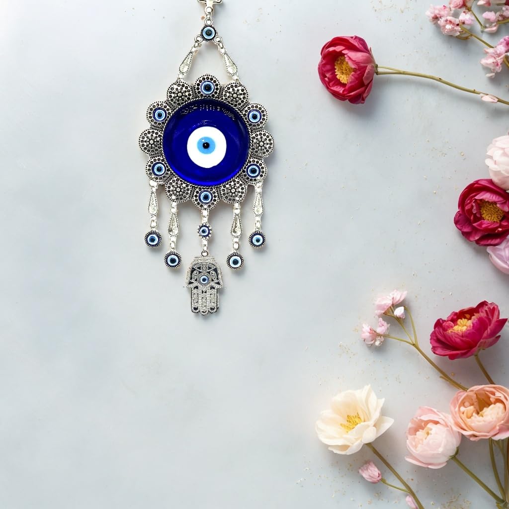 Blue Evil Eye with Hamsa Hand Protection Wall Hanging Ornament Decor Sunflower Design (with a Betterdecor Pouch)-006