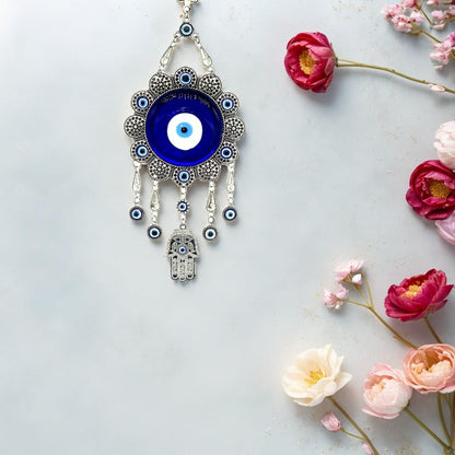 Blue Evil Eye with Hamsa Hand Protection Wall Hanging Ornament Decor Sunflower Design (with a Betterdecor Pouch)-006