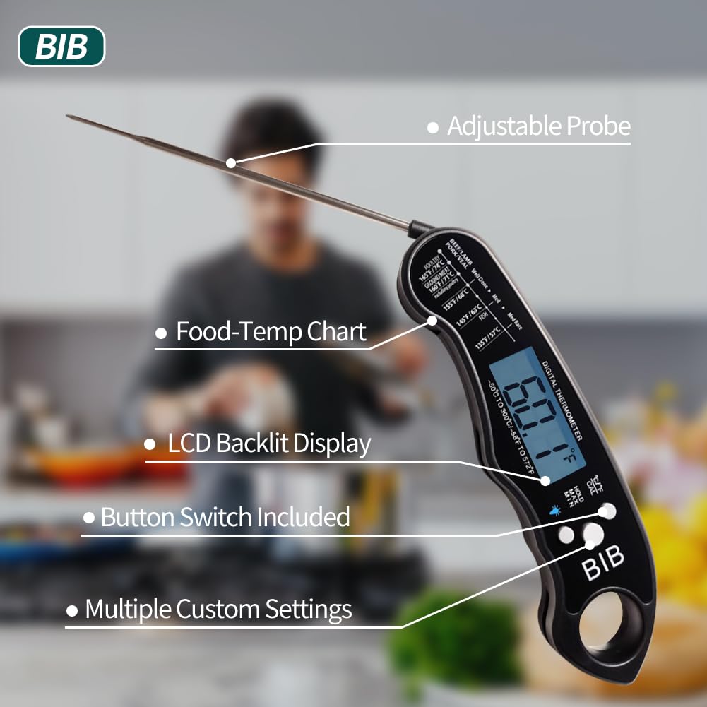 BIB Digital Meat Thermometer, Waterproof Instant Read Food Thermometer for Cooking, Candy Making, and Grilling