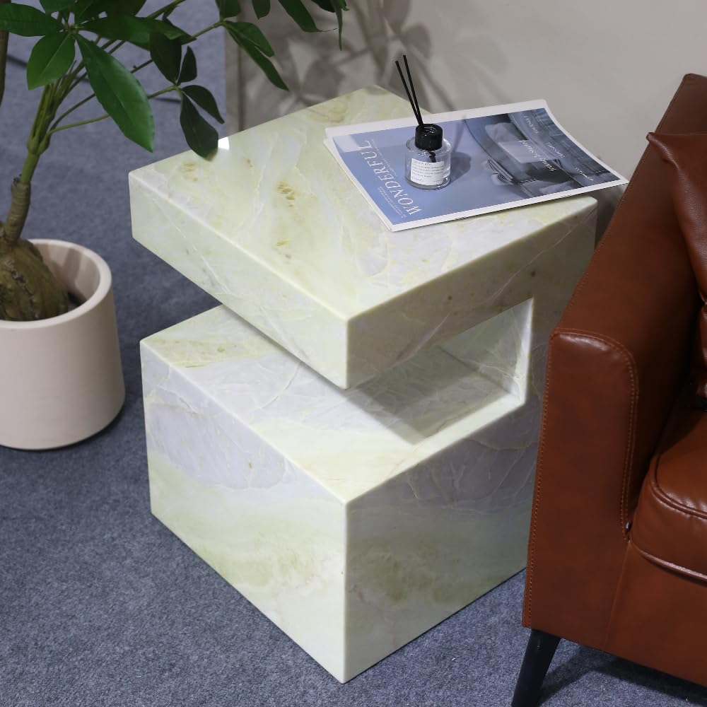 Natural Marble C-Shaped End Table, Luxurious Handmade Coffee Table Suitable for for Living Room Bedroom Bathroom Small Spaces, No Installation Marble Sofa Table for Modern Home Decor