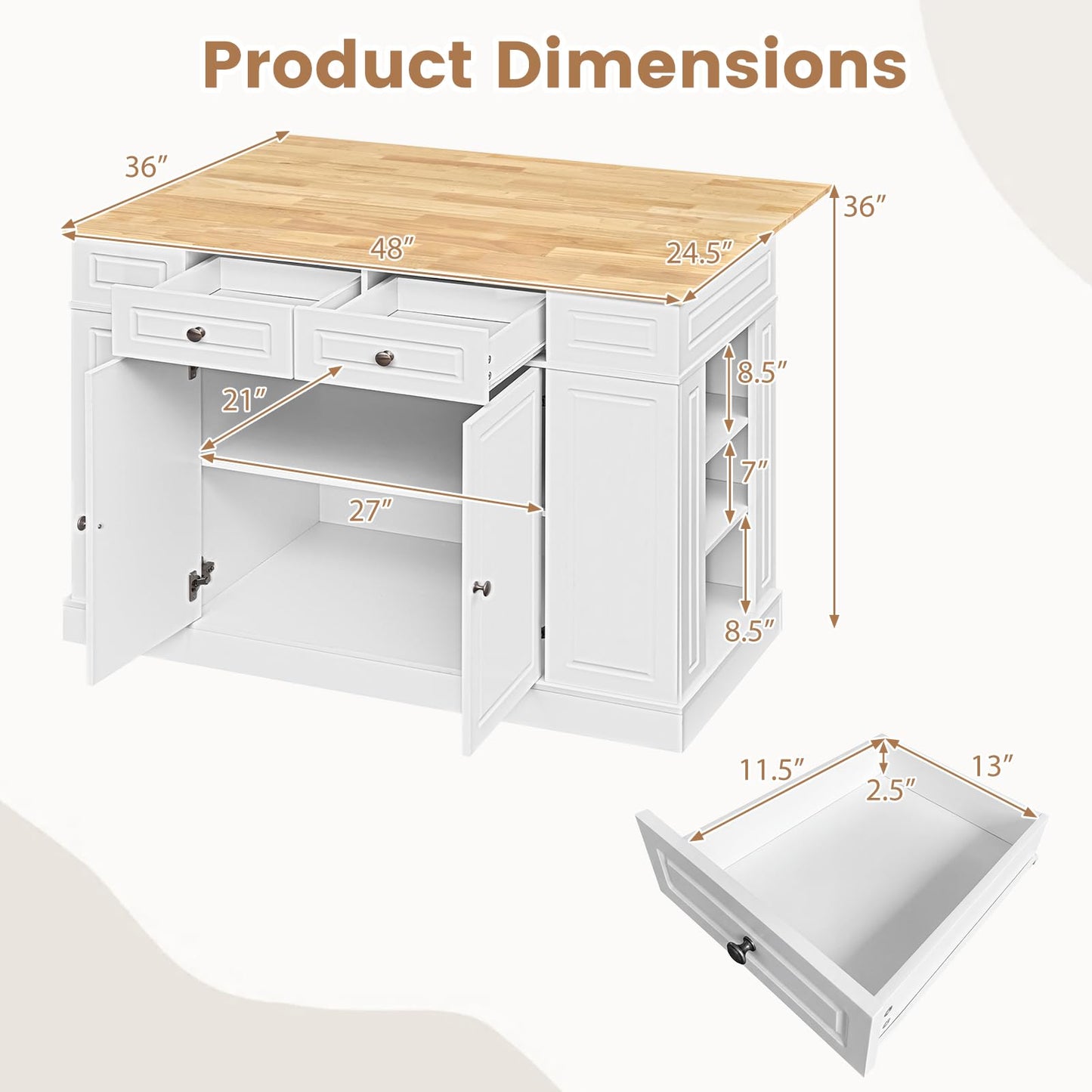 Giantex Kitchen Island with Storage & Drop Leaf, 48" Stationary Island Table with Rubber Wood Top, 2 Drawers, Cabinet, Adjustable Shelf, Butcher Block Island for Living Dining Room, Bar (White)