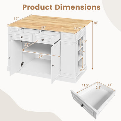 Giantex Kitchen Island with Storage & Drop Leaf, 48" Stationary Island Table with Rubber Wood Top, 2 Drawers, Cabinet, Adjustable Shelf, Butcher Block Island for Living Dining Room, Bar (White)