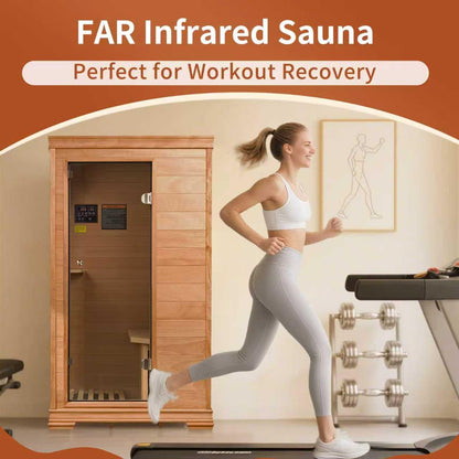 Far Infrared Sauna Room for 1 Person, Power 960W/120V with Elevated Base, 6 Heating Panels, Built-in Speakers, Tea Tray, Control Panel, 35 * 27 * 61 Inch
