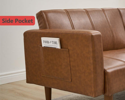 75" Futon Sofa Bed, Mid-Century Modern Futon Couch, Convertible Sleeper Sofa with Adjustable Backrest, Side Pocket, PU Leather Couch for Living Room, Brown