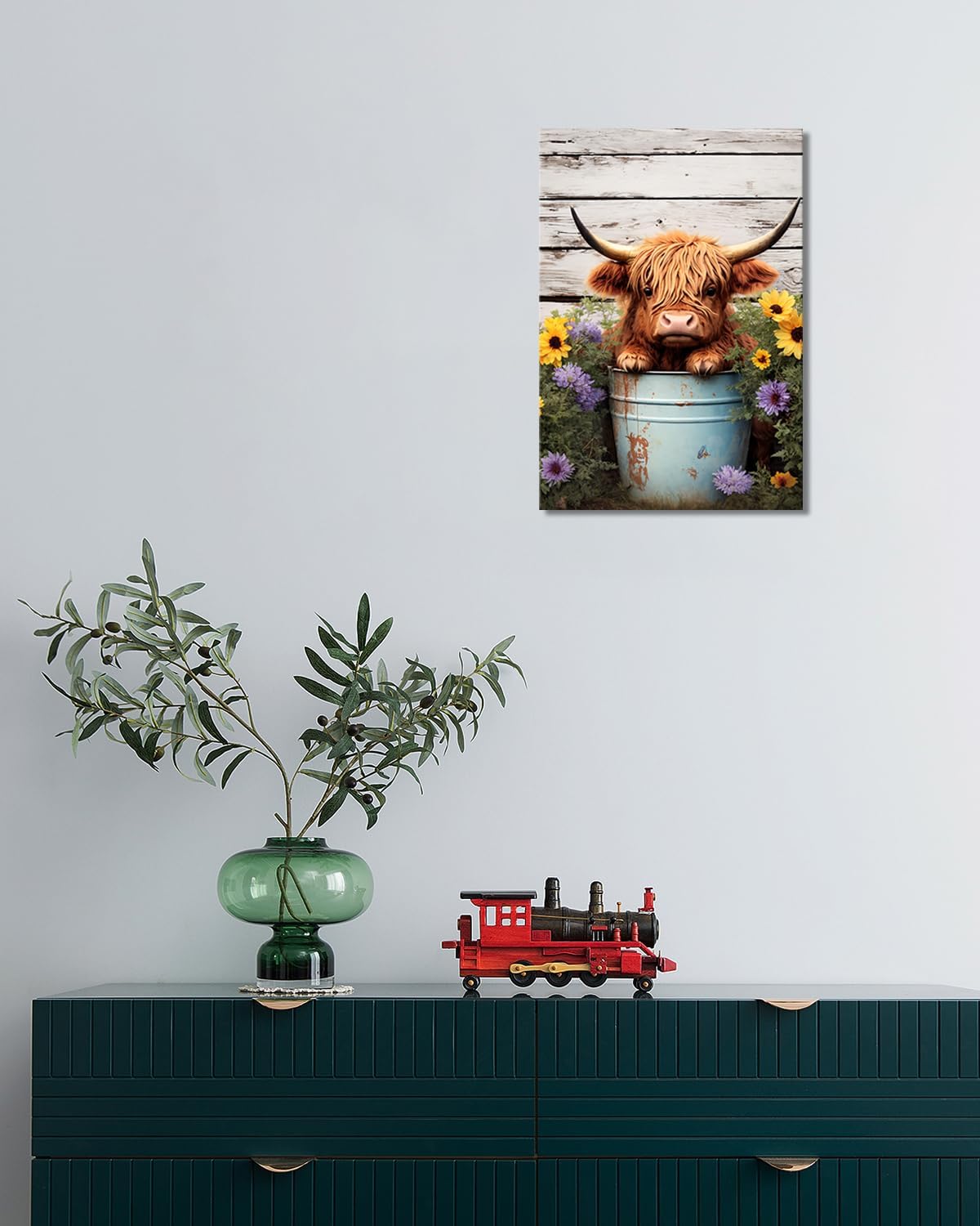 Cute Highland Cow Baby in Bucket Canvas Wall Art, Funny Animal Bathroom Decor, Farmhouse Cow Picture with Colorful