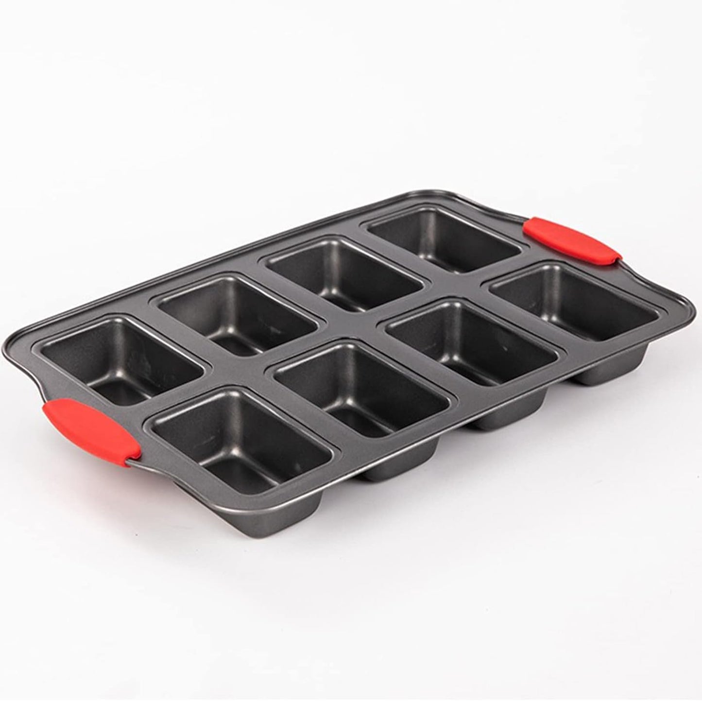 PLAZOTTA 2 Packs Mini Loaf Pan with Silicone Handle, 8 Cavity Non-Stick Baking Pan for Mini Bread, Brownies, Cheesecake