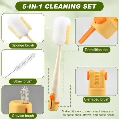 5 in 1 Bottle Cleaning Brush Set, Multifunctional Kitchen Lid Brush Cleaning Tool and Straw Cleaner, Long Handle Bottles Scrubber for Cup Lids, Hard Bristle Sponge Head Bottle Brushes