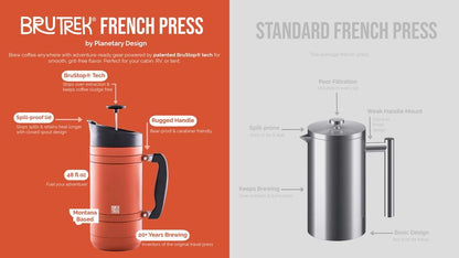 BruTrek® by Planetary Design BaseCamp Coffee Press - Double Wall Insulated Stainless Steel - Bru-Stop Technology, No Grounds in Coffee, No Spill Lid (Red Rock, 32 fl.oz)