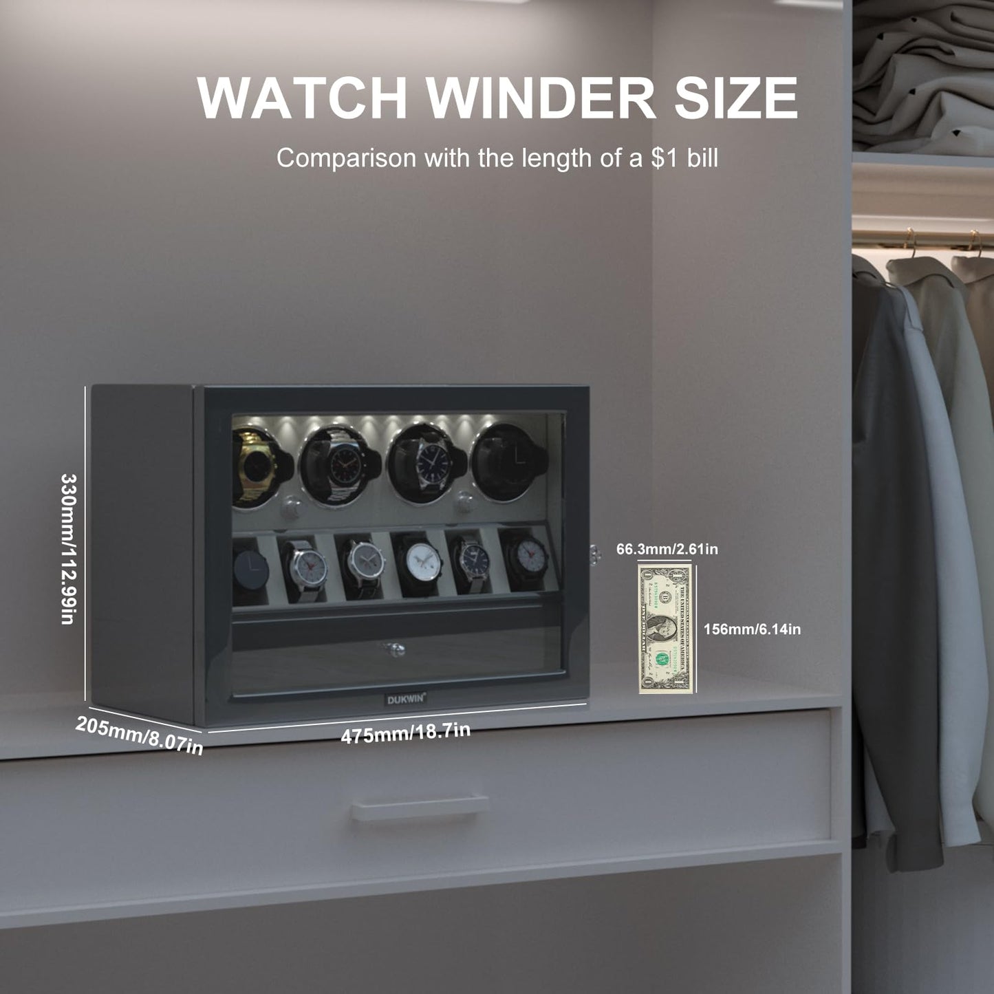 DUKWIN Watch Winder for 4 Automatic Watches, White Lockable Watch Winders with Extra Watch Storage, Jewelry Storage, 4 Rotation Modes, LED Light, Super Quiet Mabuchi Motor and Spring Watch Pillows