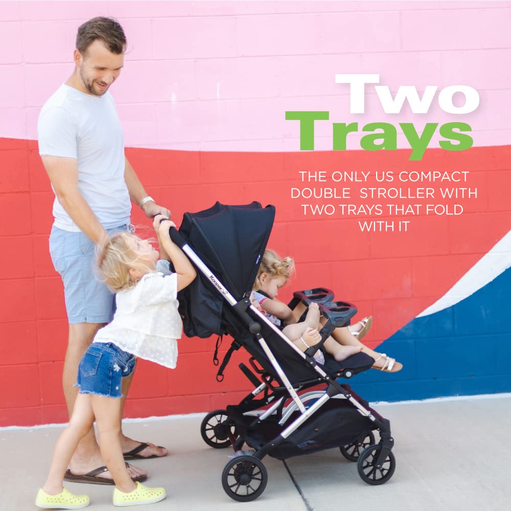 Joovy Kooper X2 Double Stroller, Lightweight Travel Stroller, Compact Fold with Tray, Black