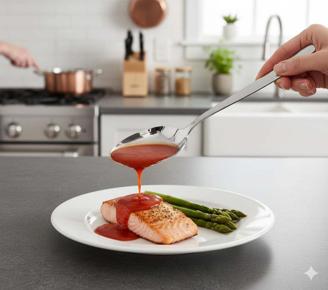 BNAZIND 2 Pack 8 inch Kunz Small Regular and Perforated Sauce Spoon Set | 18/10 Stainless Steel Silver Chef Spoon ideal for drizzling sauces, plating desserts, Dishwasher safe