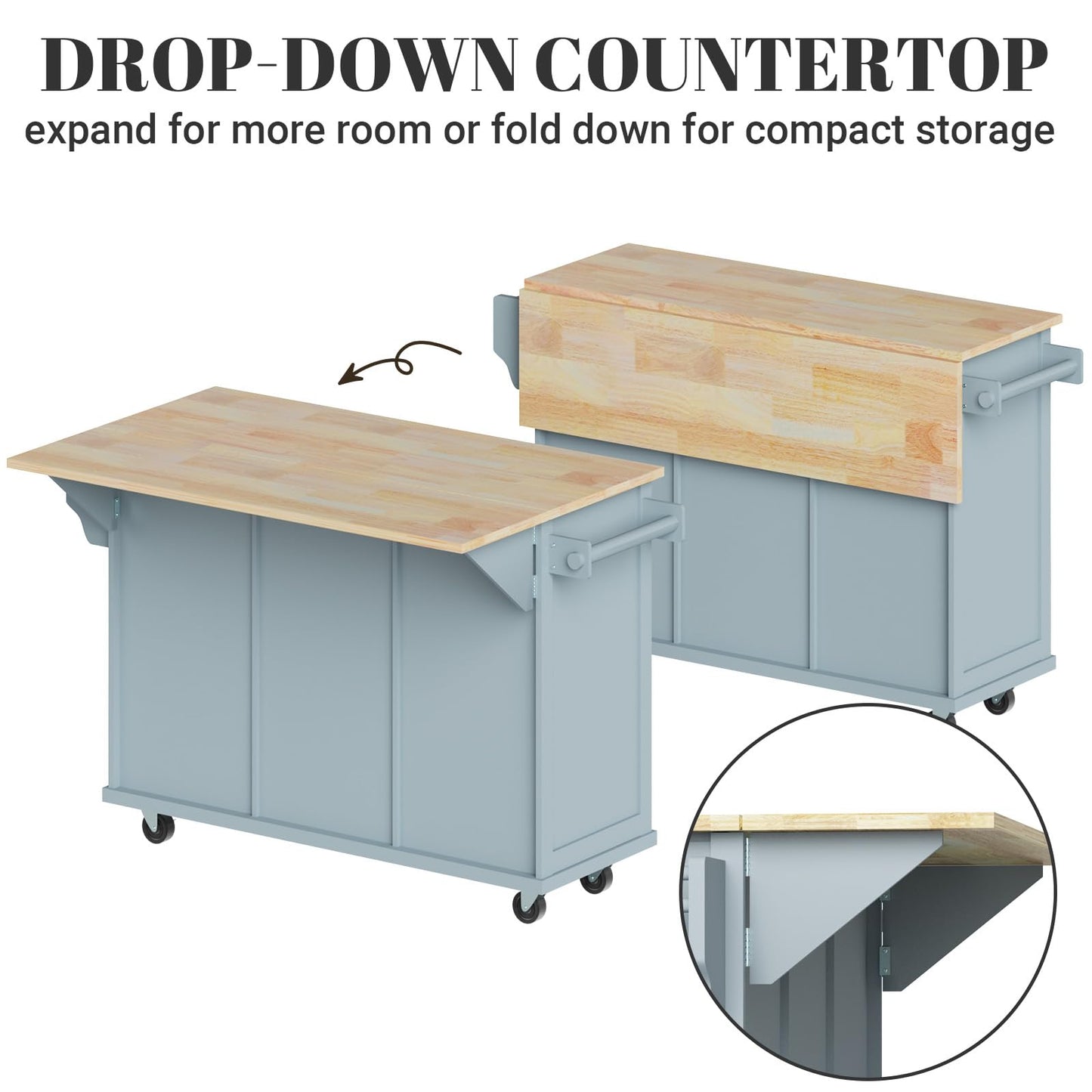 Rovibek Kitchen Island with Drawers 53 in Rolling Island Cart Mobile Portable Islands on Wheels Solid Wood Island with Storage Cabinet & Drawers, Blue