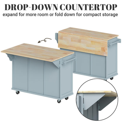 Rovibek Kitchen Island with Drawers 53 in Rolling Island Cart Mobile Portable Islands on Wheels Solid Wood Island with Storage Cabinet & Drawers, Blue