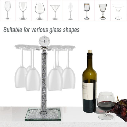 Crystal Wine Glass Holder, 14" H Silver Freestanding Wine Glass Rack Crushed Diamond Home Decor 6 Hook Countertop Stemware Rack Cup Drying Storage Holder Stand for Kitchen Dinning Table Bar (Silver)