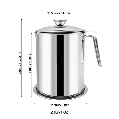 Zalaxt Bacon Grease Container With Strainer, 2.1L Grease Strainer and Container with Dust-Proof Lid, 304 Stainless Steel Oil Filter Storage with Fine Mesh 2.1L