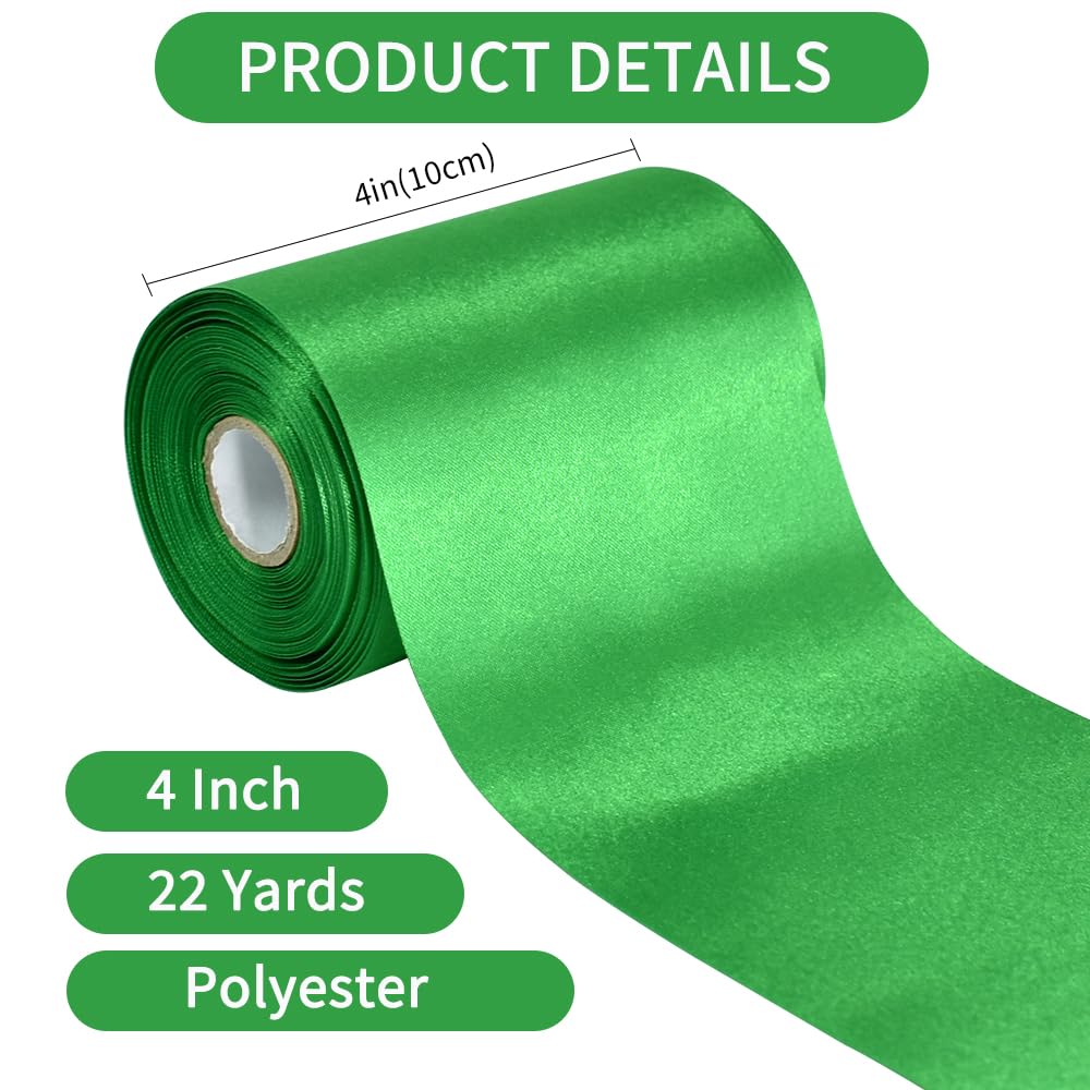TONIFUL 4 Inch x 22 Yards Wide Green Satin Ribbon Solid Fabric Large Ribbon for Cutting Ceremony Kit Grand Opening Chair Sash Table Car Bows Gift Wrapping Wedding Party Decoration Christmas
