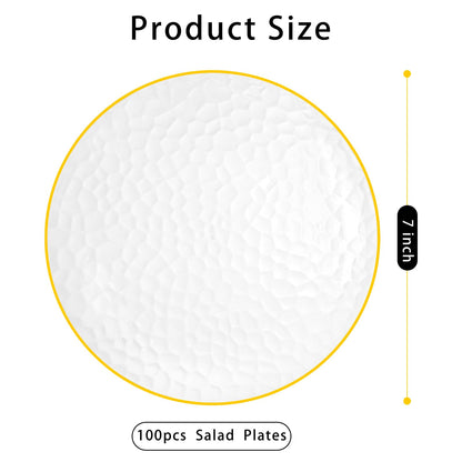 DaYammi 100 Pcs Clear Gold Plastic Plates, Hammered Party Plate, Fancy Plastic Plates Disposable Clear Disposable Dessert Platos, 7 Inch Heavy duty Plastic Dessert Platos for Party & Wedding