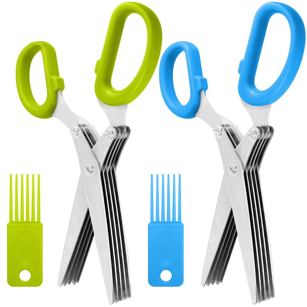 SourceTon 5-Blade Herb Scissors 2 Pack - Heavy Duty Kitchen Shears with Cleaning Brush, Multipurpose Stainless Steel Scissors for Cooking, Crafting, Gift (Ergonomic Left/Right Hand Design)