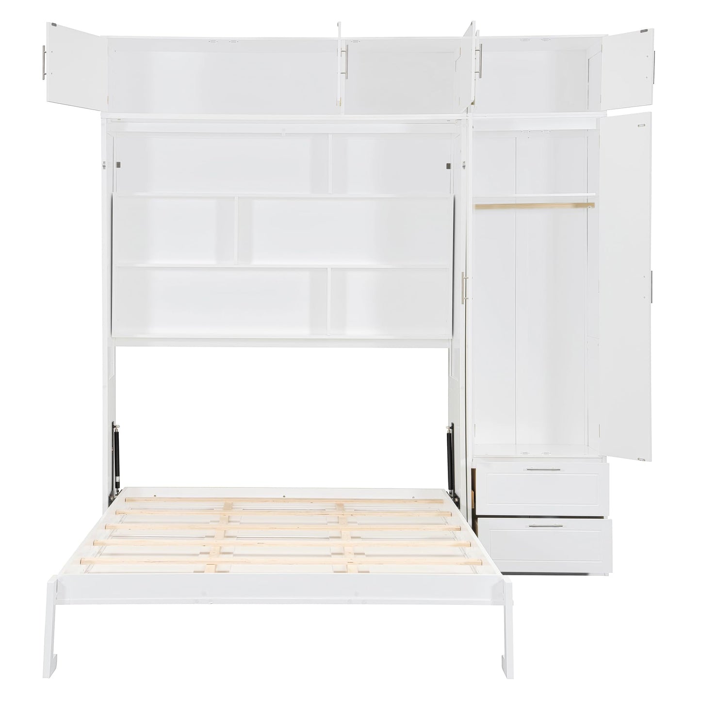 DNYN Murphy Bed Frame with Top Cabinets and Wardrobe for Bedroom/Guest Room/Home Office, Queen Size Foldable Wall Bed with Storage Drawers and Shelves, No Box Spring Needed