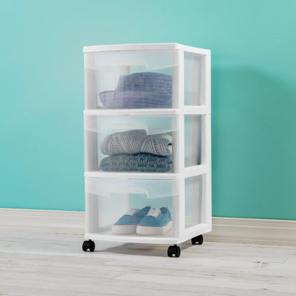 Sterilite 8 Pack Plastic Storage Organizer, 3 Drawer Rolling Bin Cart, Closet Organization, White