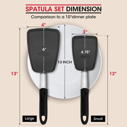 Unicook 2 Pack Flexible Silicone Spatula, Turner, 600F Heat Resistant, Ideal for Flipping Eggs, Burgers, Crepes and More, Black