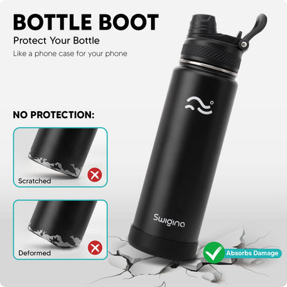 Swigina [2-IN-1 LID] Insulated Water Bottle with Silicone Boot (36hrs Cold/18hrs Hot) - DIY Stickers, Leakproof, BPA Free, Black, 24 oz