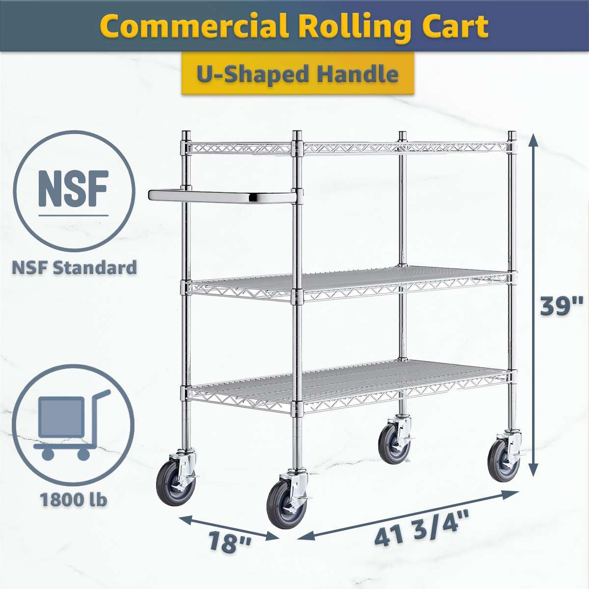 18" x 41 3/4" x 39" Commercial NSF Chrome 3 Shelf Metal Utility Cart with U-Shaped Handle - Heavy-Duty Wire Rolling Cart with Casters, Mobile Serving Storage Cart for Warehouse, Office, Kitchen