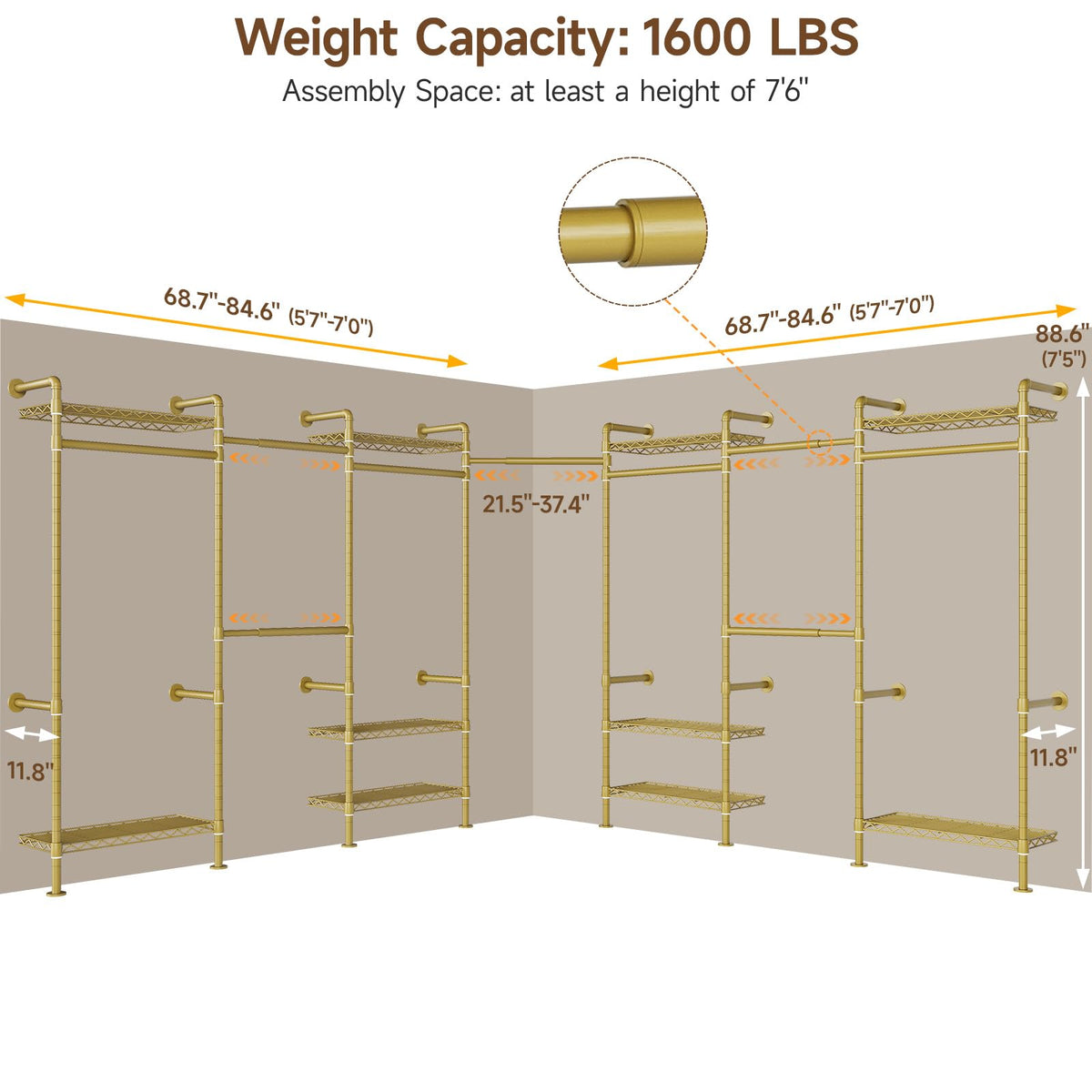 ONBRILL L7 Wall Mounted Industrial Pipe Clothing Rack – Heavy Duty Modular Closet System with 9 Hanging Rods ( 6 Expandable) & 10 Adjustable Shelves, Corner Garment Rack, Large Wardrobe - Gold
