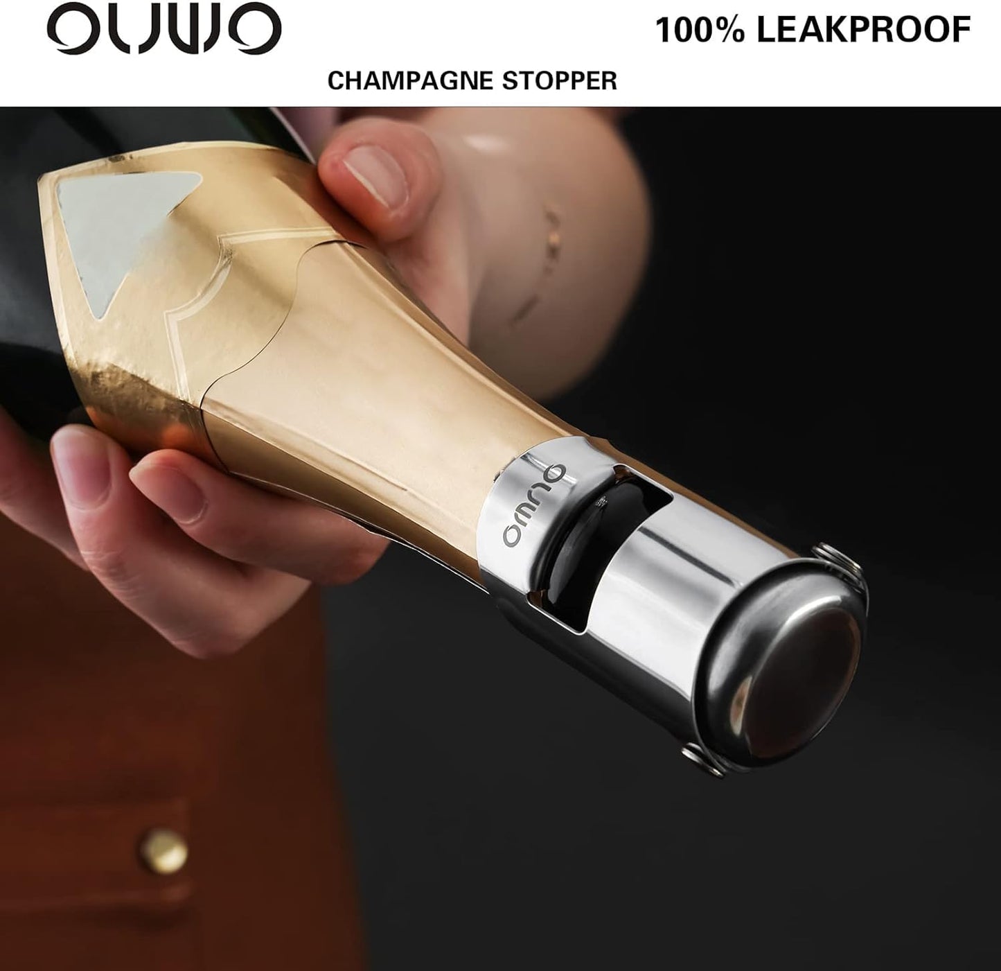 OUWO Champagne Stopper 6 Pack Stainless Steel Champagne Save with Food Grade Silicone, Leak-Proof Bubble Retaining Saver, Suitable for Champagne Prosecco Cava and Sparkling (Silver)