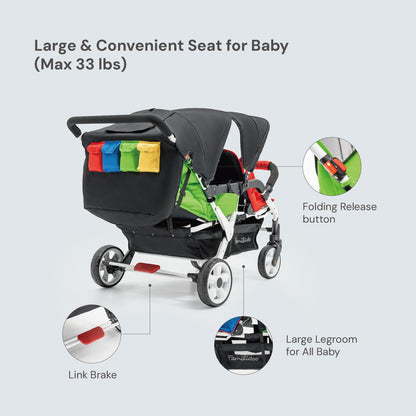 Familidoo H4E Quad Stroller Wagon for Kids, 4-Seater Daycare Baby Stroller with 5-Point Safety Harness, Lightweight & Foldable with All Reclining Seats, Double Canopy & Rain Cover – All-Terrain Wheels
