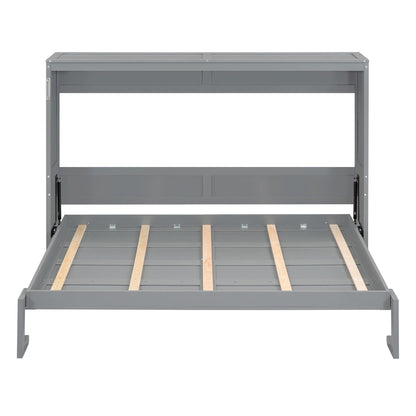 Merax Modern Farmhouse Solid Wood Murphy Cabinet Bed, Queen Foldable Wall Bed Frame, No Box Spring Needed/Space Saving, Gray