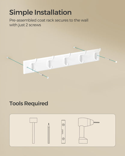 SONGMICS Wall-Mounted Coat Rack, Hook Rack, 5 Dual Metal Hooks, for Coats, Bags, Keys, in The Entryway, Bedroom, Living Room, White ULHR235W01