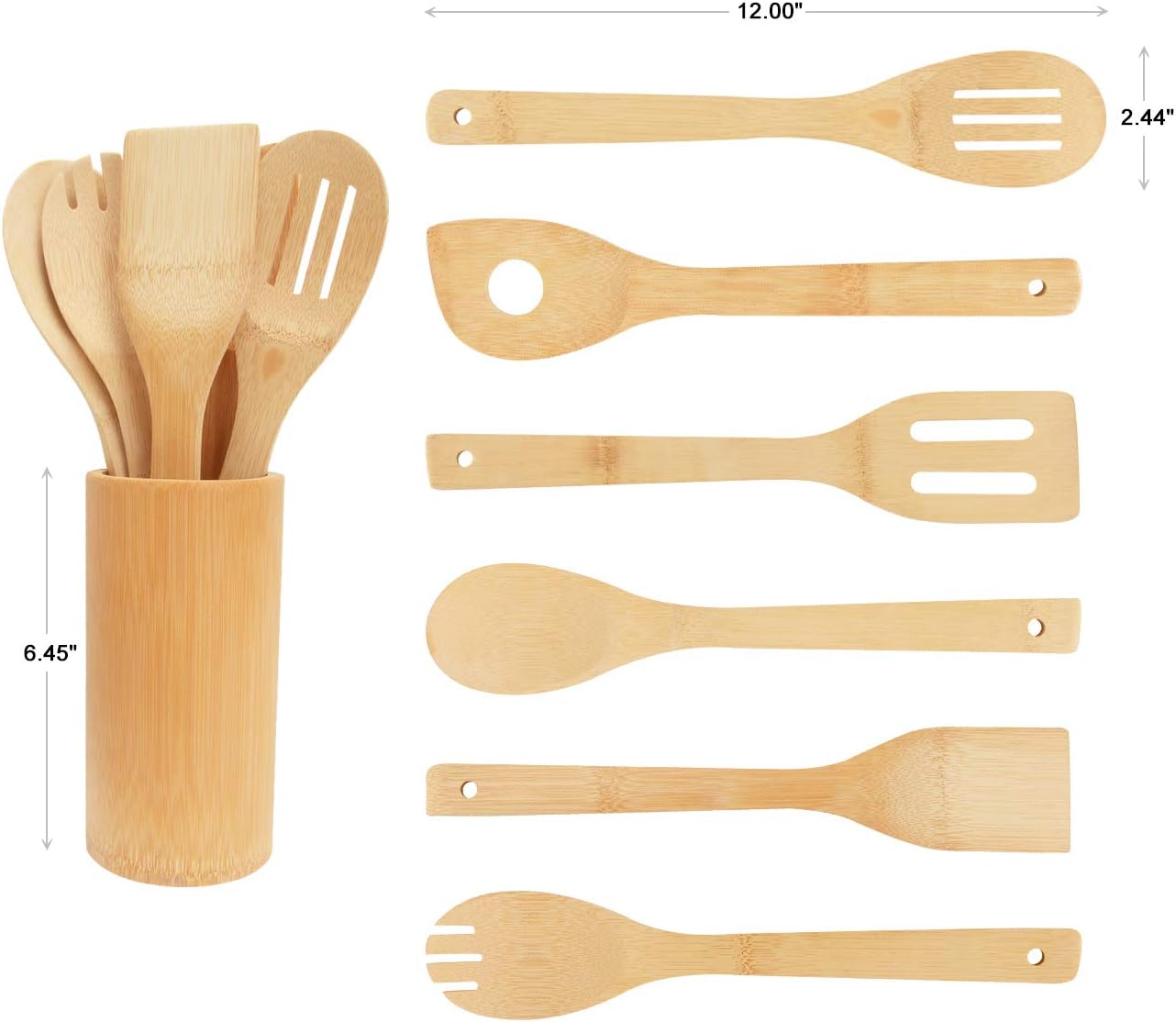 Bamboo Wooden Spoons & Spatulas Set, 6 Pieces Kitchen Cooking Utensils with 1 Holder, Heat Resistant for Non Stick