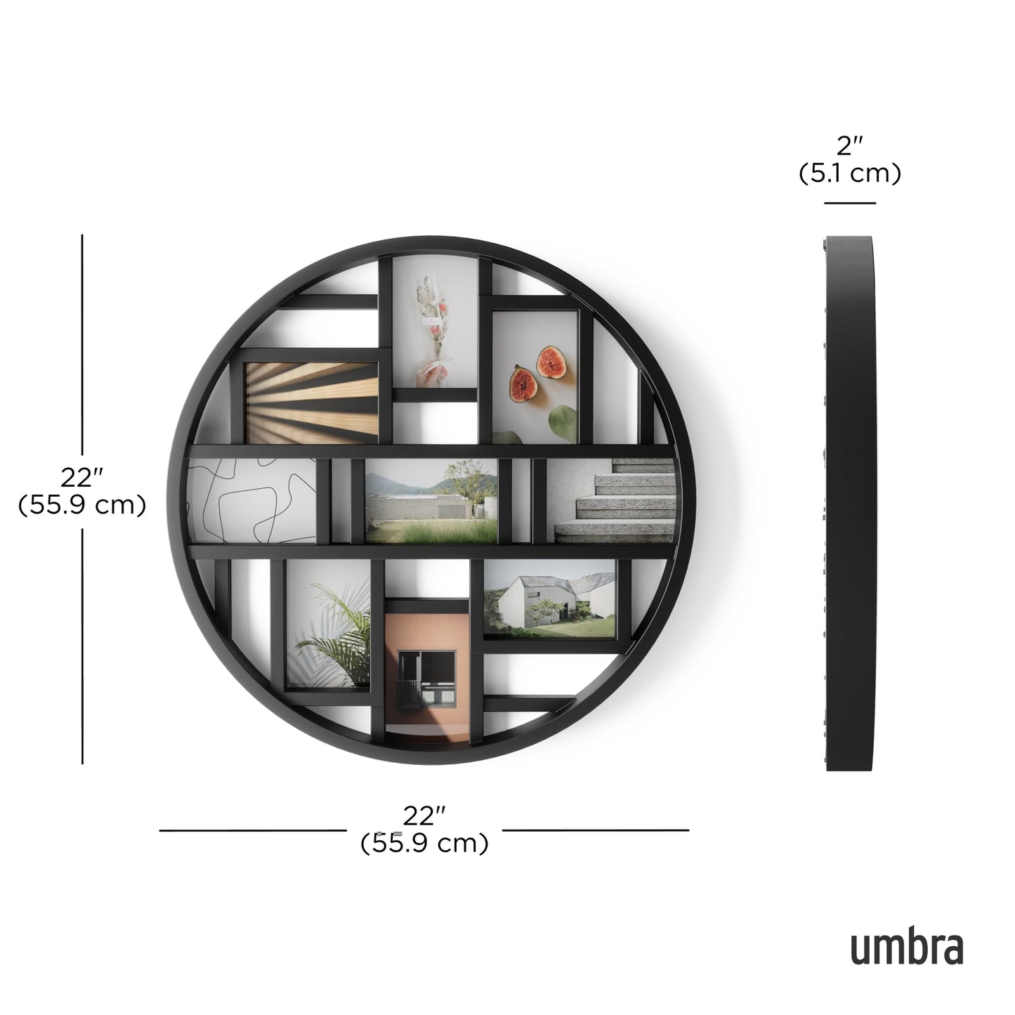 Umbra Luna Collage Picture Frame Holds Nine 4x6 Photos, Large 22-Inch Diameter, Black