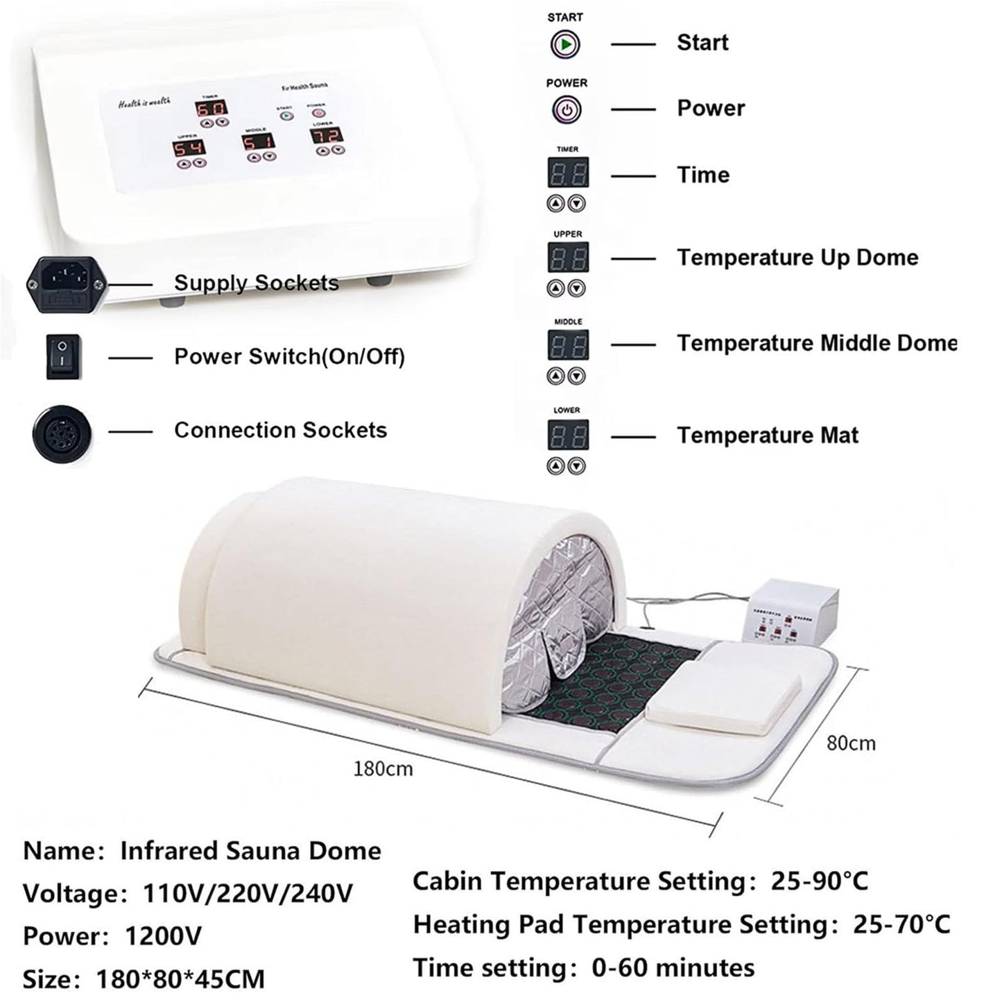 piudoiliy Infrared Sauna Dome, Near Zero EMF Function, 1200W, Portable Home Sauna with Therapeutic Jade Stones, Infrared Photon Light, Steam Tent (Black)