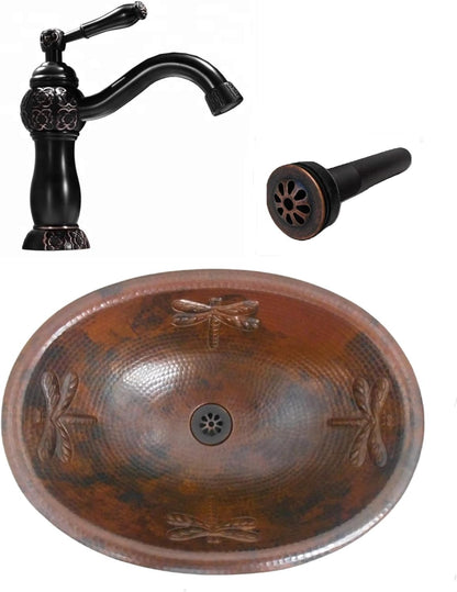 Simply Copper 19" Oval Copper Drop In Bathroom Vanity Sink with Dragonfly Design with Daisy Drain & 9" ORB Faucet