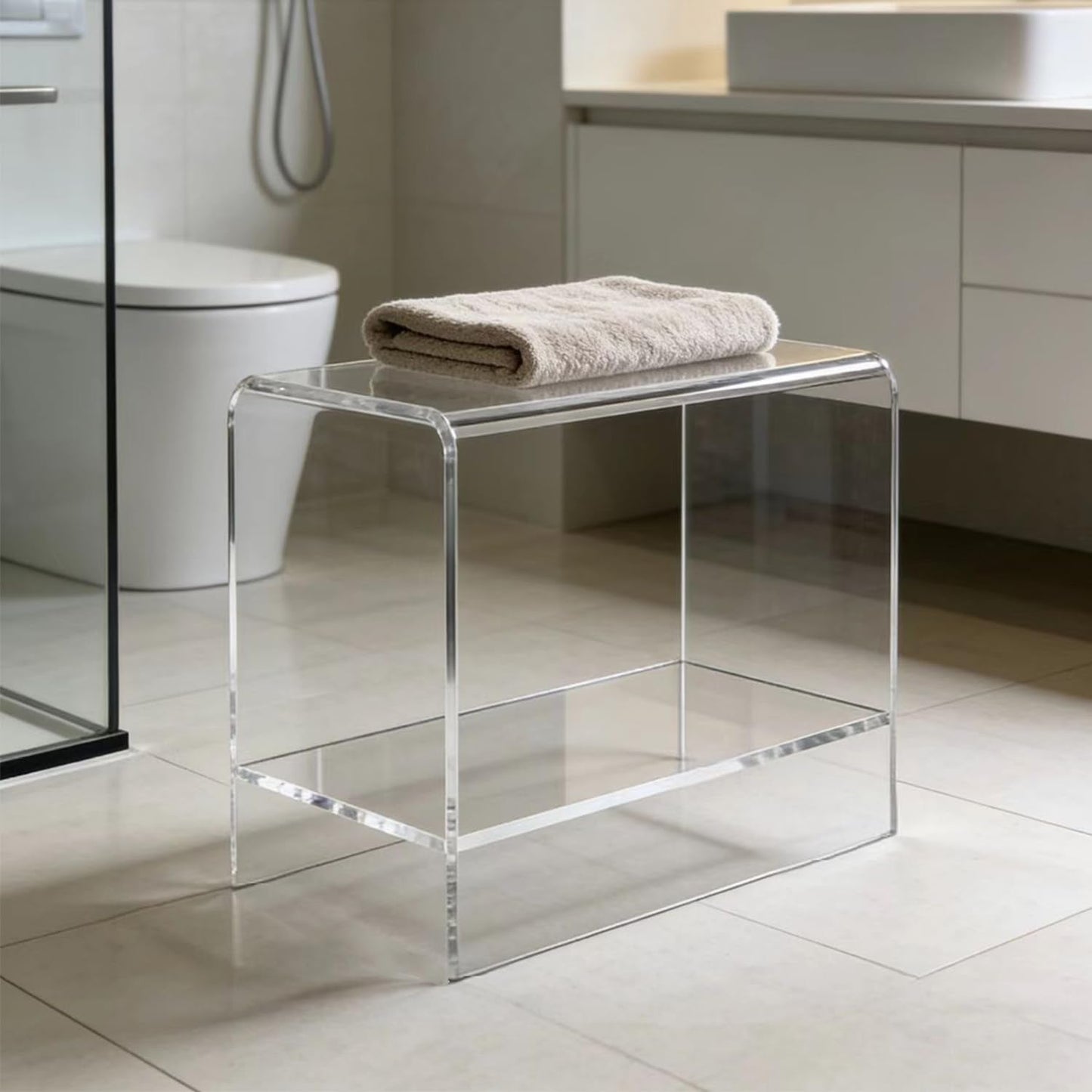 GETCK 21" Acrylic Shower Stool with Storage Shelf - Waterproof Bath Bench for Spa & Shower, Heavy-Duty Seating (Holds 400lbs) - Ideal for Shaving Legs & Organizing Items
