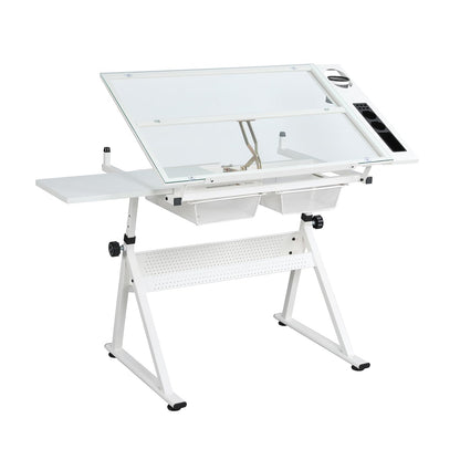 Garvee Drafting Table w/Stool, Height Adjustable Drawing Table, Multifunctional Art Craft Paintings Work Station w/2 Storage Drawers, 0-75° Tilting Glass Tabletop for Home Office, White