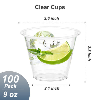 Dealusy 100 Pack 9 oz Clear Plastic Cups, Sturdy & Food Safe Disposable Plastic Cups for Wine Cocktail Punch