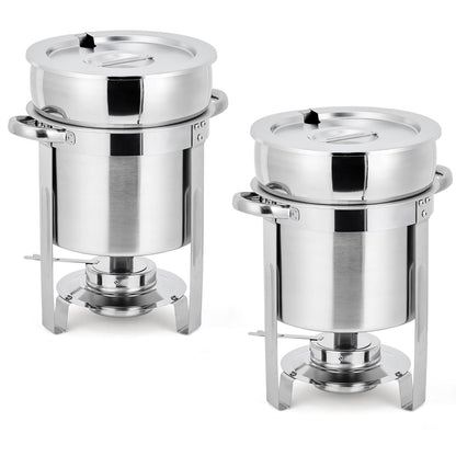 GarveeHome 11QT Soup Chafer Set of 2, Stainless Steel Round Soup Warmer with Pot, Notched Lids & Fuel Holders, Commercial Food Warmer for Buffets, Events and Party Service