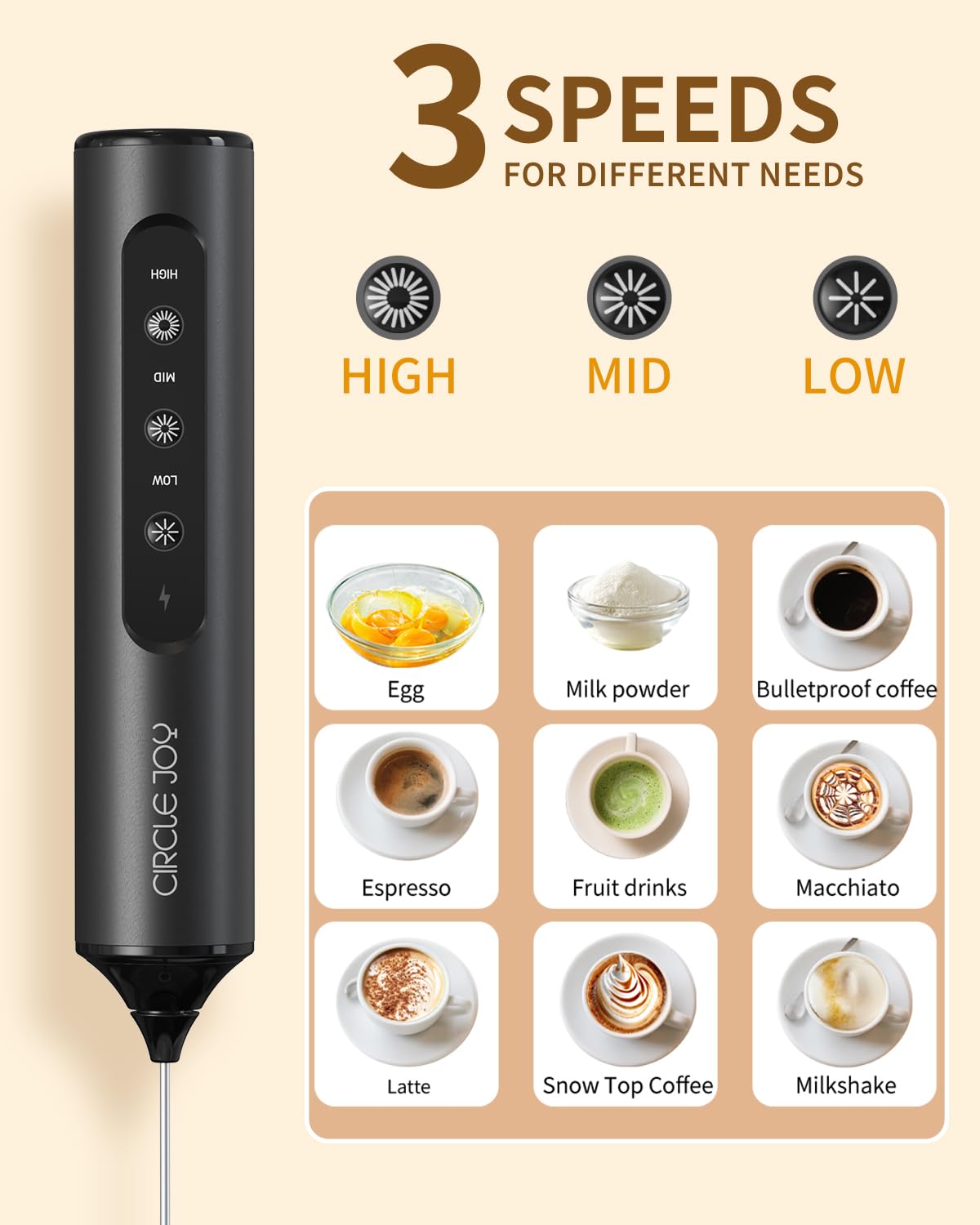 CIRCLE JOY Rechargeable Handheld Milk Frother Wand with Stand, 3 Variable Speeds, 3 Whisks and Storage Box, Electric Drink Mixer for Latte, Cappuccino, Hot Chocolate, Eggs and Protein Powder, Black