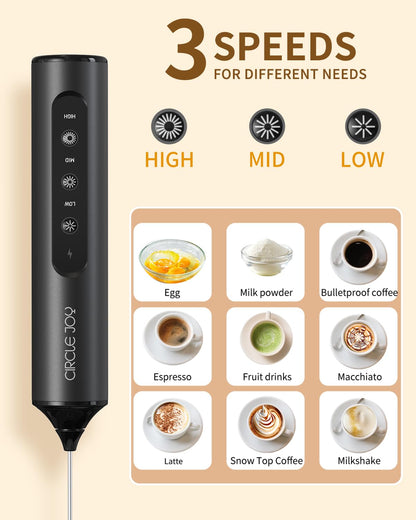 CIRCLE JOY Rechargeable Handheld Milk Frother Wand with Stand, 3 Variable Speeds, 3 Whisks and Storage Box, Electric Drink Mixer for Latte, Cappuccino, Hot Chocolate, Eggs and Protein Powder, Black